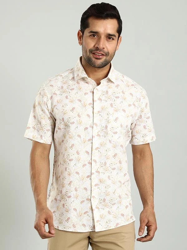 Indian Terrain Men's Slim Fit Half Sleeve All Over Print Off White Shirt